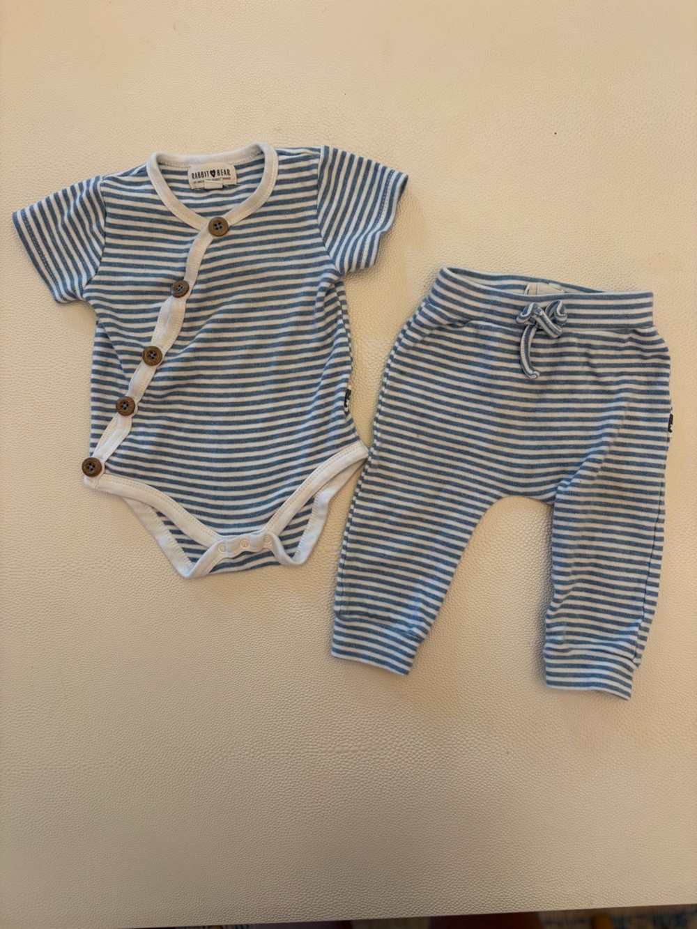 Rabbit + Bear infant Striped blue and white onesie and pant set- 3-6 mo